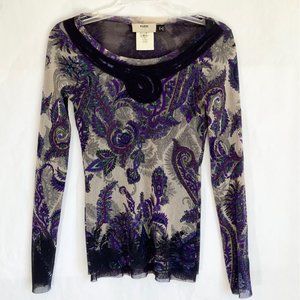 FUZZI Jean Paul Gaultier Purple Black Mesh Top S Long Sleeve Scoop Neck Ribbon